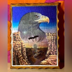 Vintage FJ Warren DUFEX Reflective Foil Southwestern Eagle In Canyon Art On Wood